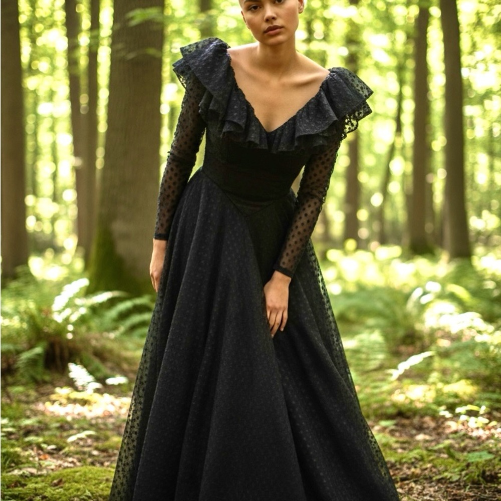 70s Vintage Goth Victorian Revival Gunne Sax Style Black Mesh Maxi Gown